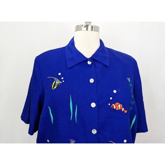 GONE Vintage 90s Top Dark Blue Fish Embroidered Short Sleeve Blouse Women's 20W - Picture 2 of 11
